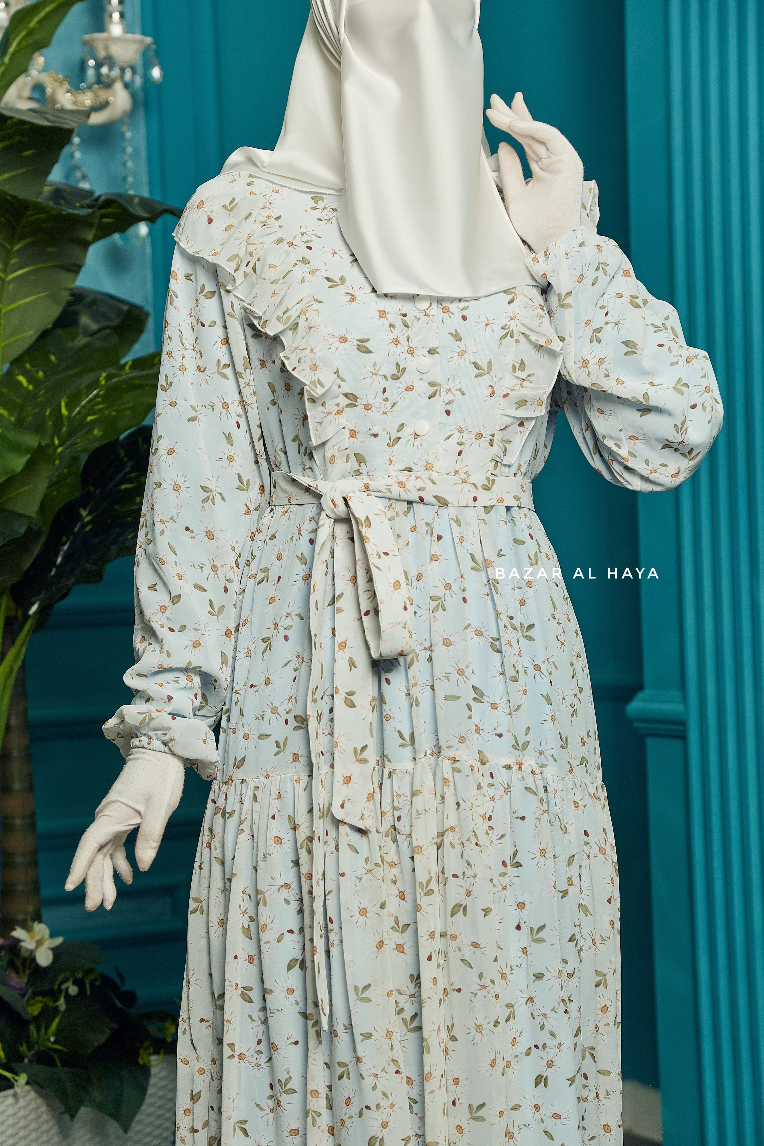 Surayya Light Blue Chiffon Abaya Dress With Floral Print - Ruffled Design