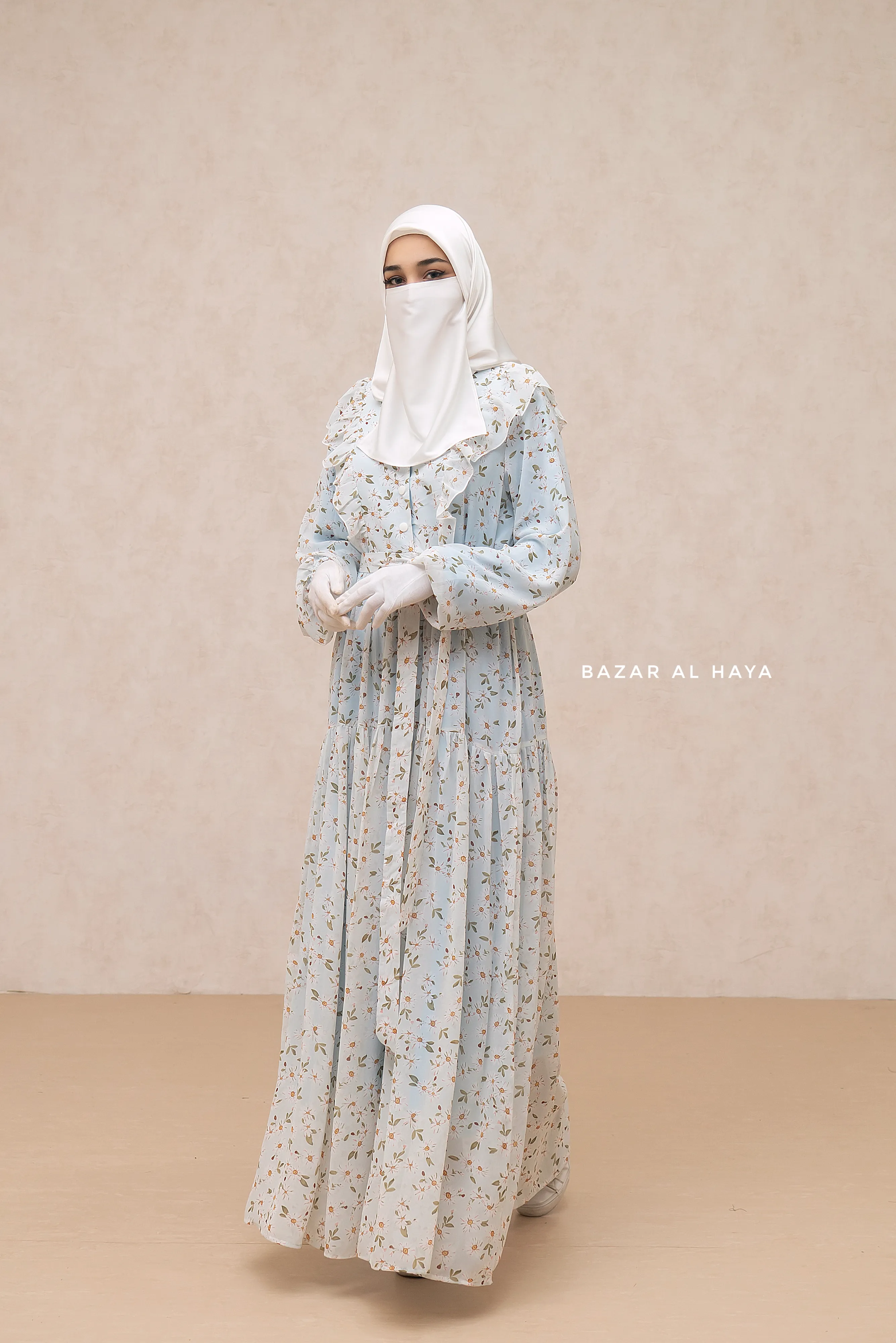 Surayya Light Blue Chiffon Abaya Dress With Floral Print - Ruffled Design