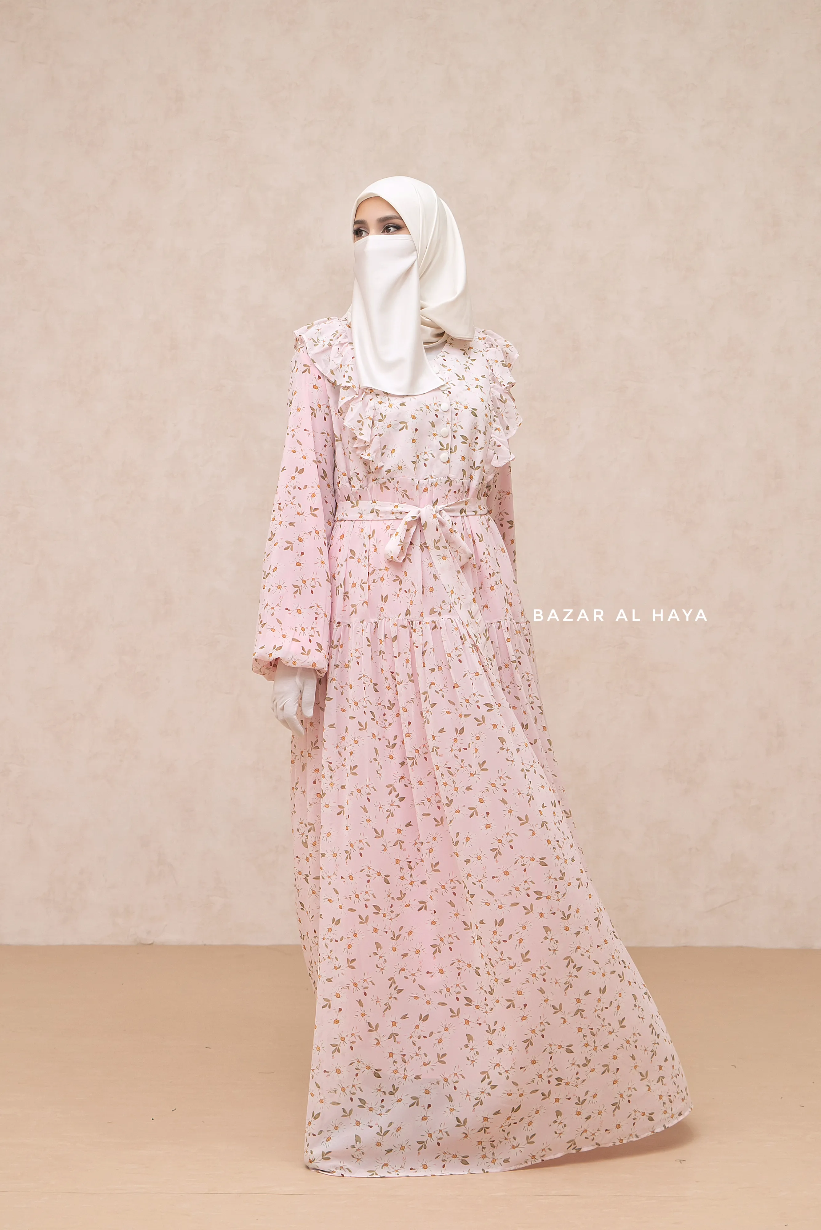 Surayya Pink Chiffon Abaya Dress With Floral Print - Ruffled Design