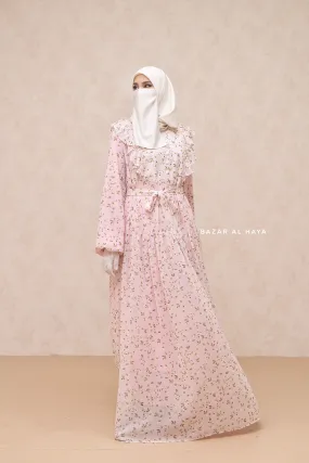 Surayya Pink Chiffon Abaya Dress With Floral Print - Ruffled Design