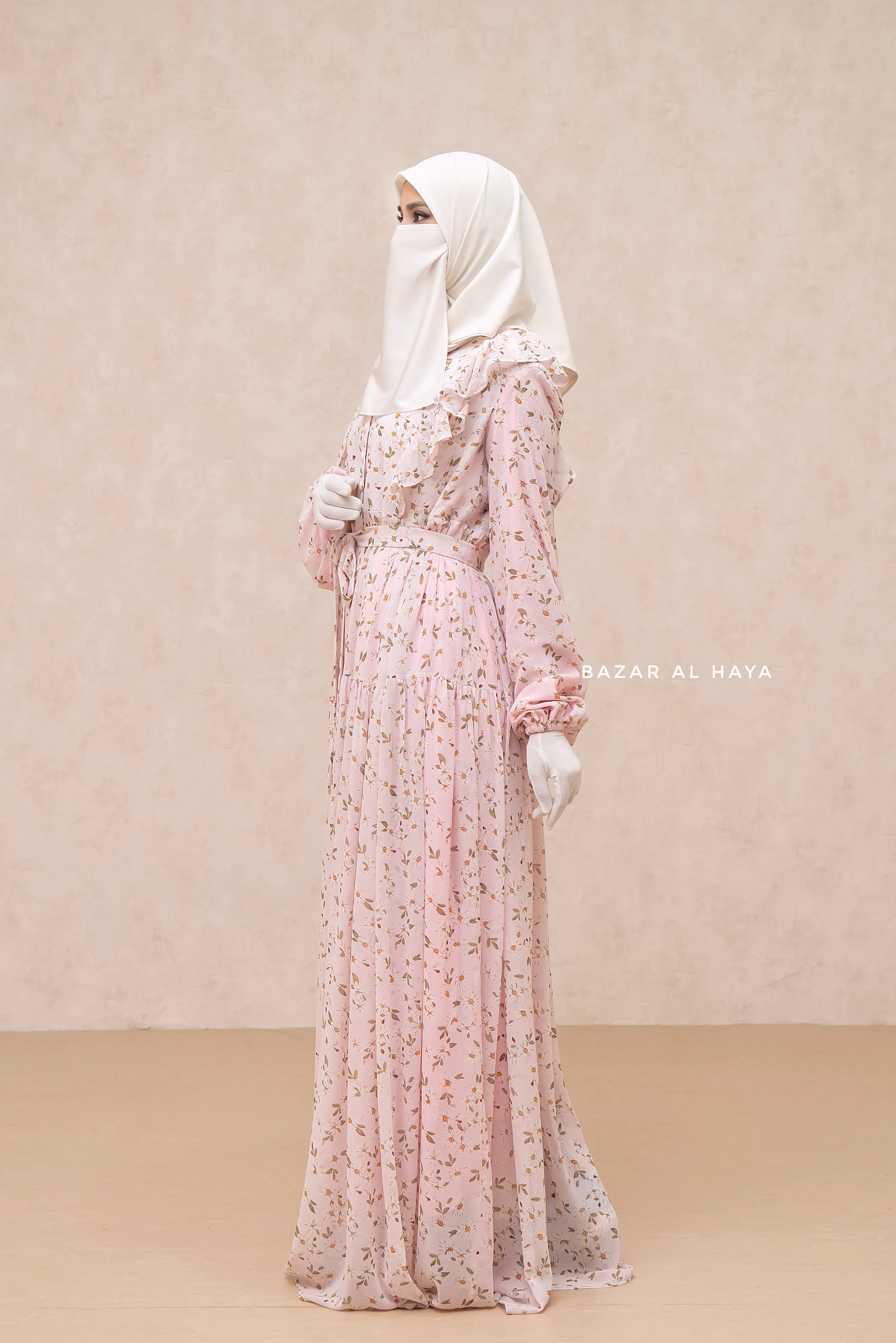 Surayya Pink Chiffon Abaya Dress With Floral Print - Ruffled Design