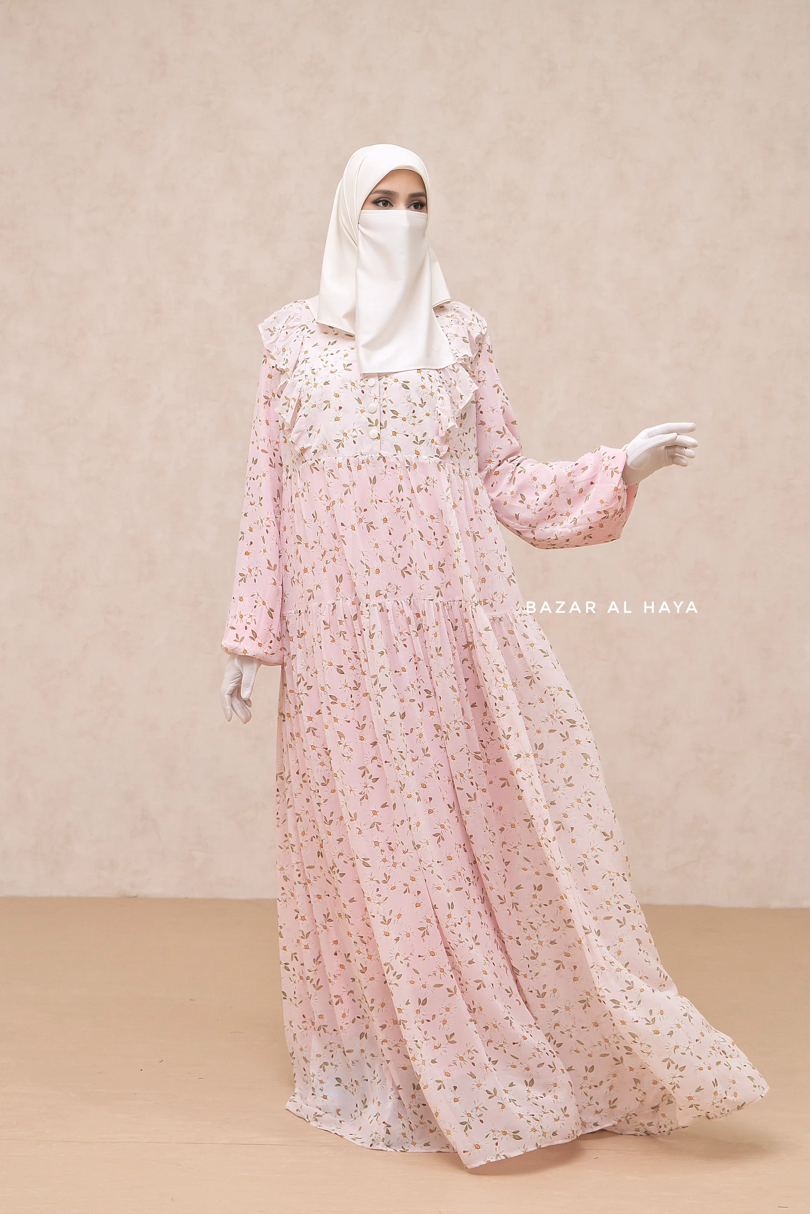 Surayya Pink Chiffon Abaya Dress With Floral Print - Ruffled Design