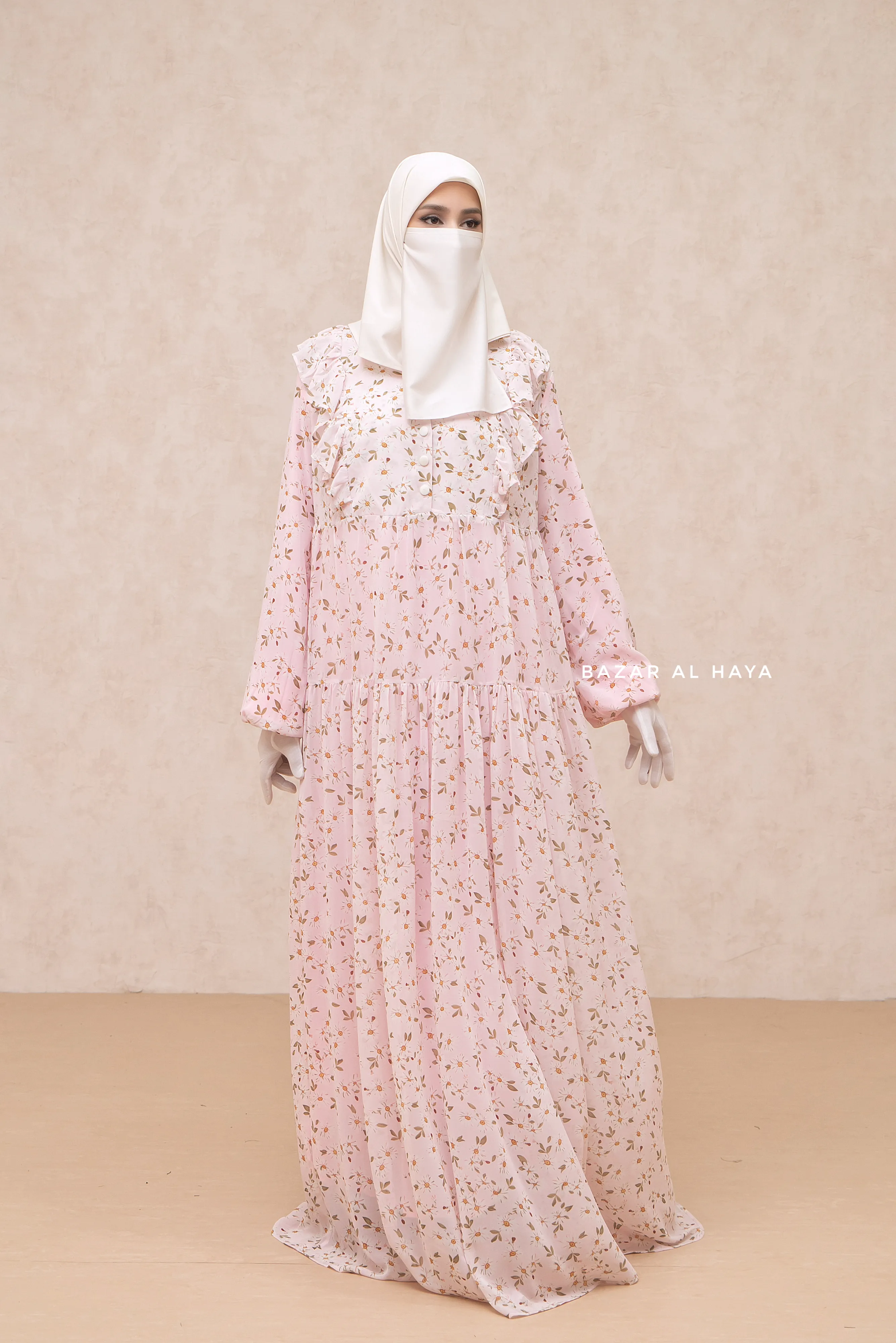 Surayya Pink Chiffon Abaya Dress With Floral Print - Ruffled Design