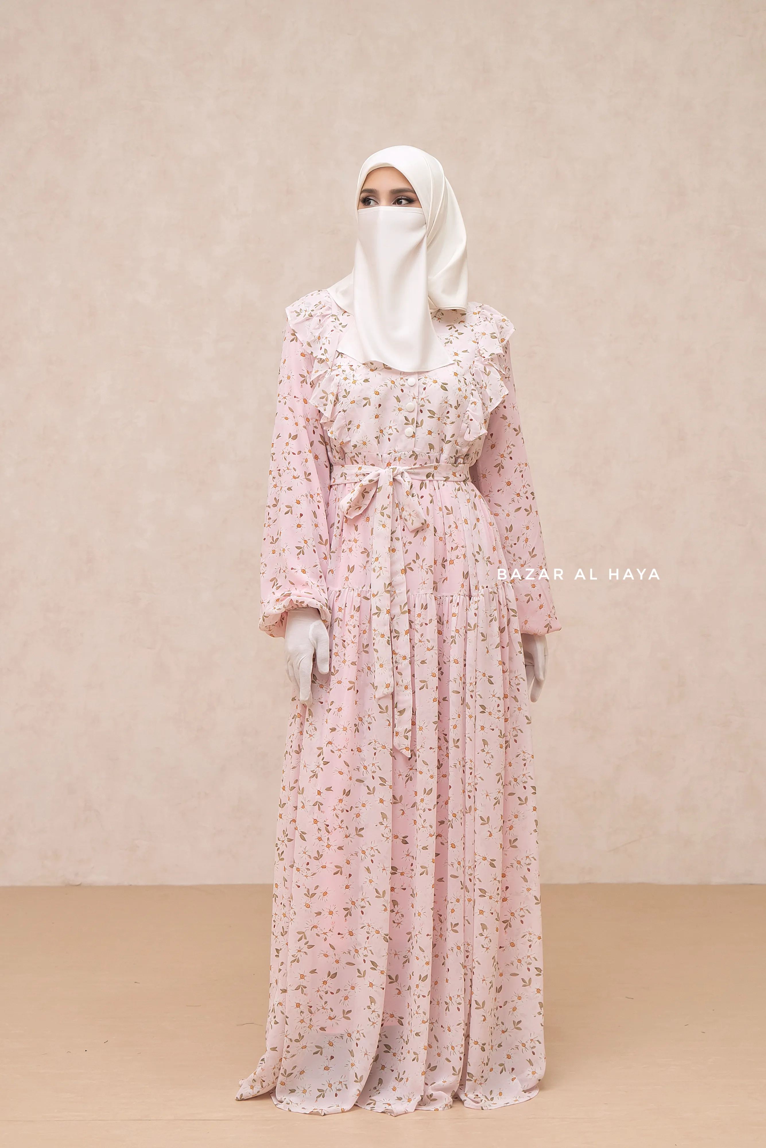 Surayya Pink Chiffon Abaya Dress With Floral Print - Ruffled Design