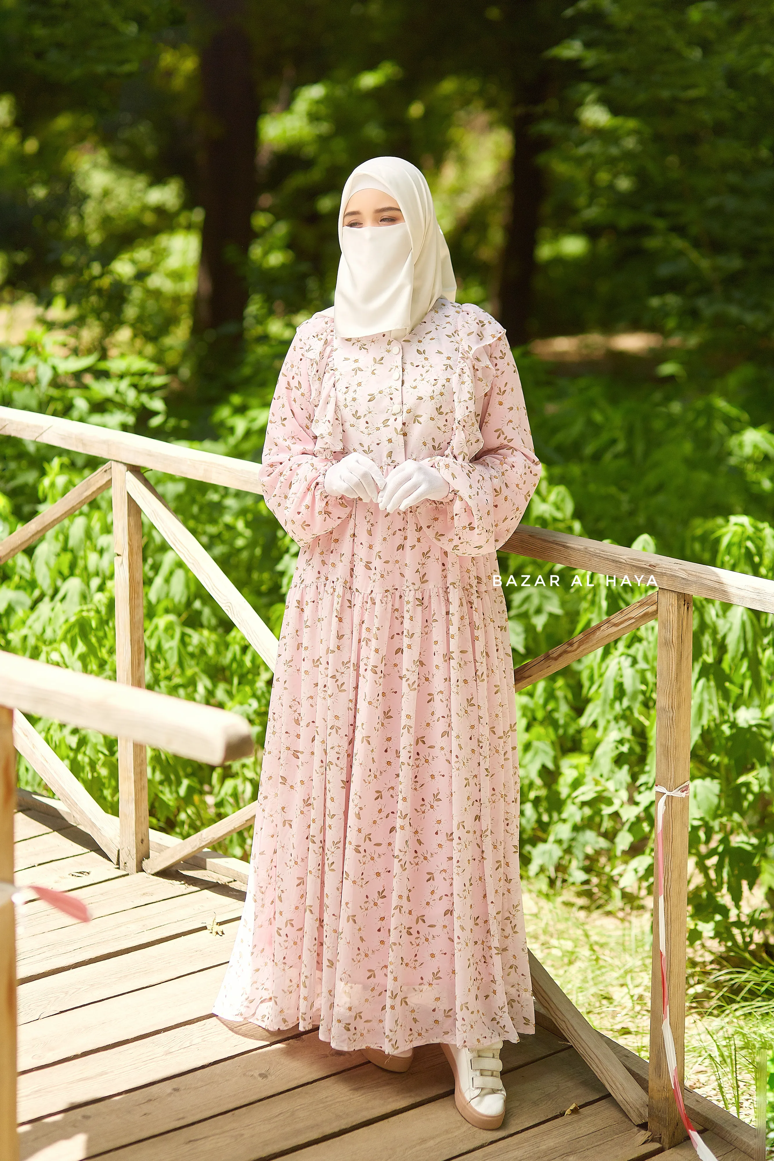 Surayya Pink Chiffon Abaya Dress With Floral Print - Ruffled Design