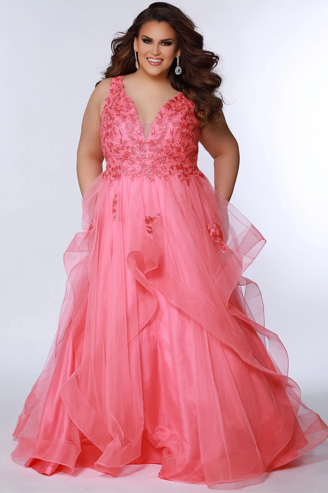 Sydney's Closet SC7347 Floral Lace Bodice Prom Dress Layered Tulle Ballgown Skirt