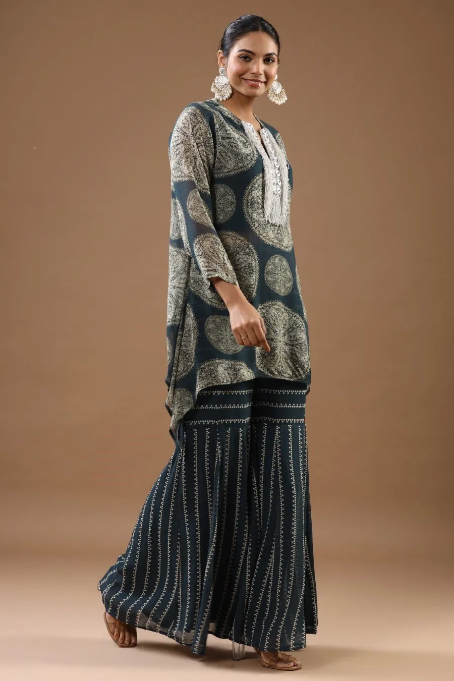 Teal Printed Asymmetrical Tunic with sharara