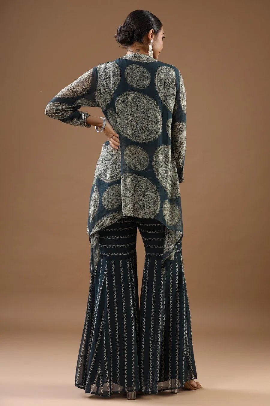 Teal Printed Asymmetrical Tunic with sharara