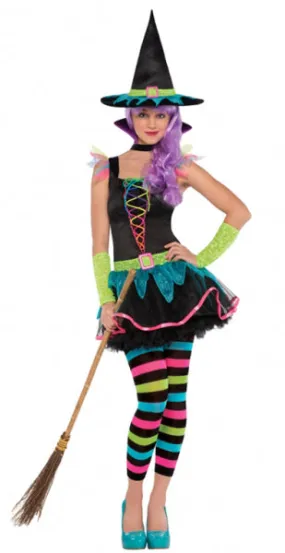 Teen Girls Neon Witch Halloween Fancy Dress Costume