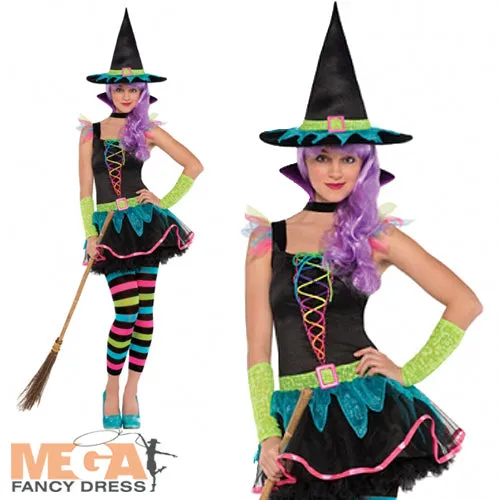 Teen Girls Neon Witch Halloween Fancy Dress Costume