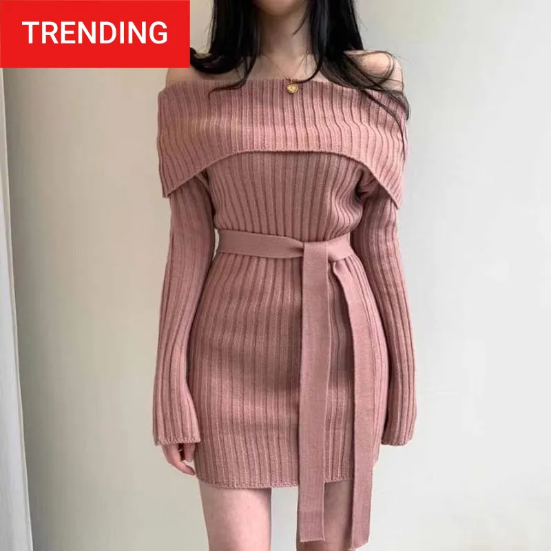 Trendy Long Sleeve Knitted Folded Down Collar Sweater Dress With Belt