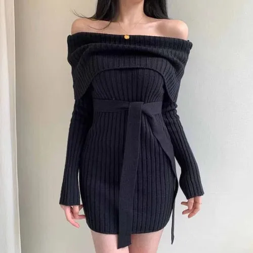 Trendy Long Sleeve Knitted Folded Down Collar Sweater Dress With Belt