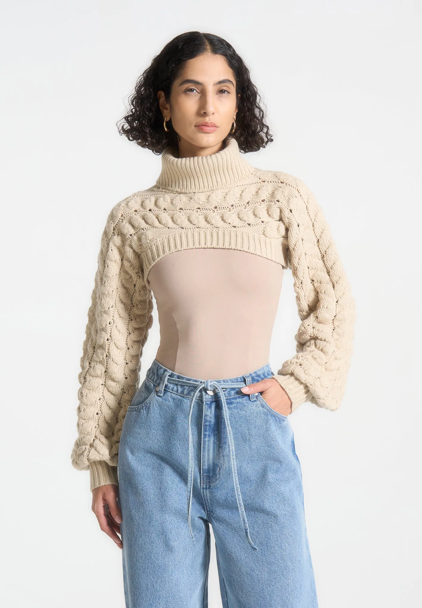 Turtleneck Cable Knit Arm Warmers - Beige