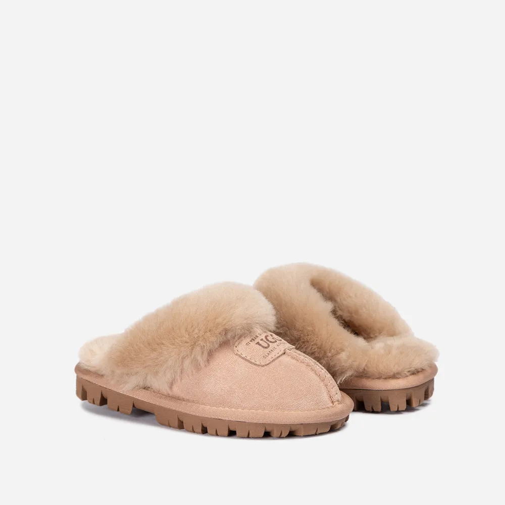 Ugg Kids Coquette Slipper (Cow Suede)(Elastic Logo & Wool Strap)(Detachable Feature)