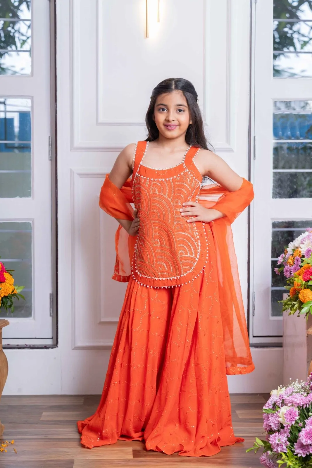 Vibrant Orange Mirror Work Sharara Set with Embroidered Crop Top and Dupatta – Perfect for Festive Celebrations and Weddings