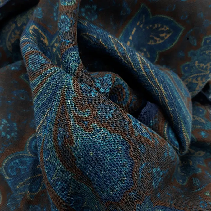 Vintage blue and brown scarf with paisley super soft-MADRID