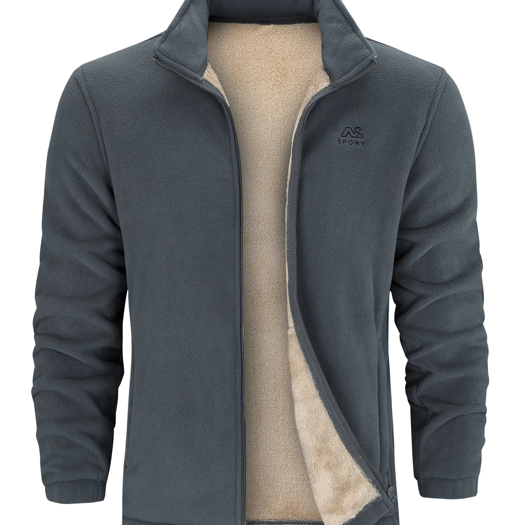 Warm Stand Collar Fleece Jacket, Men's Casual Comfortable Solid Color Zip Up Jacket Coat For Fall Winter