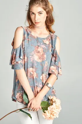 Washed Floral Ruffled Cold Shoulder Top, Blue