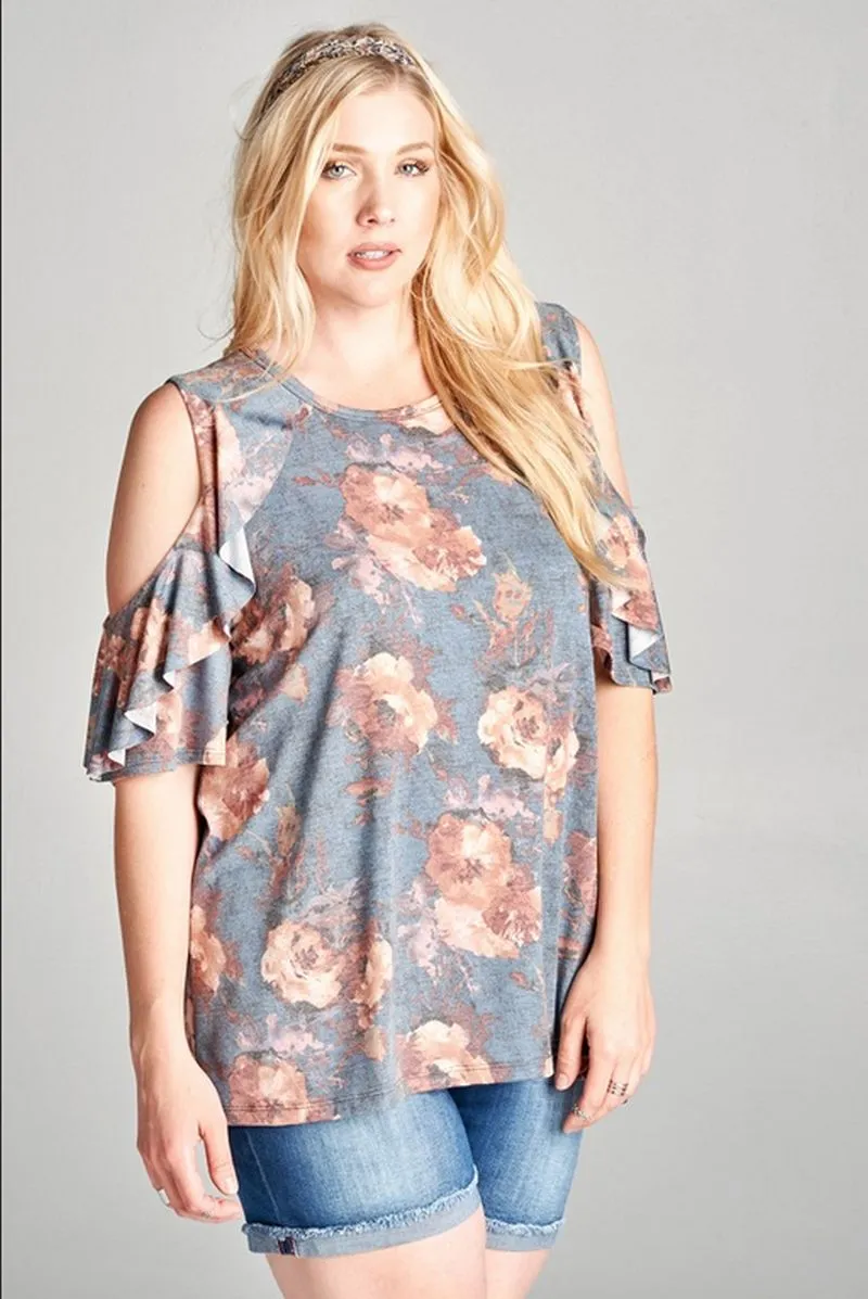 Washed Floral Ruffled Cold Shoulder Top, Blue