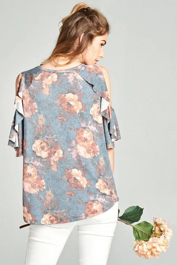 Washed Floral Ruffled Cold Shoulder Top, Blue