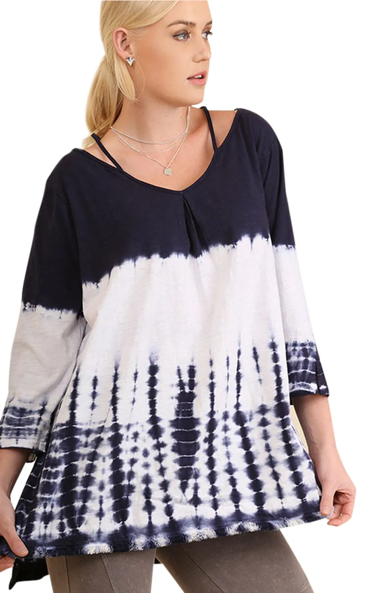 Washed Tie Dye Fringed Tunic, Navy