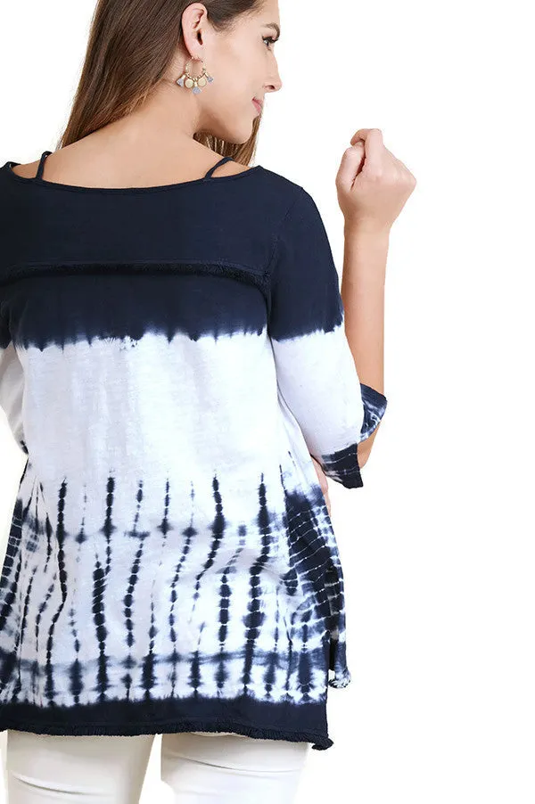 Washed Tie Dye Fringed Tunic, Navy