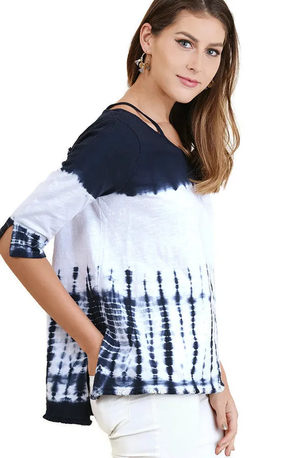 Washed Tie Dye Fringed Tunic, Navy