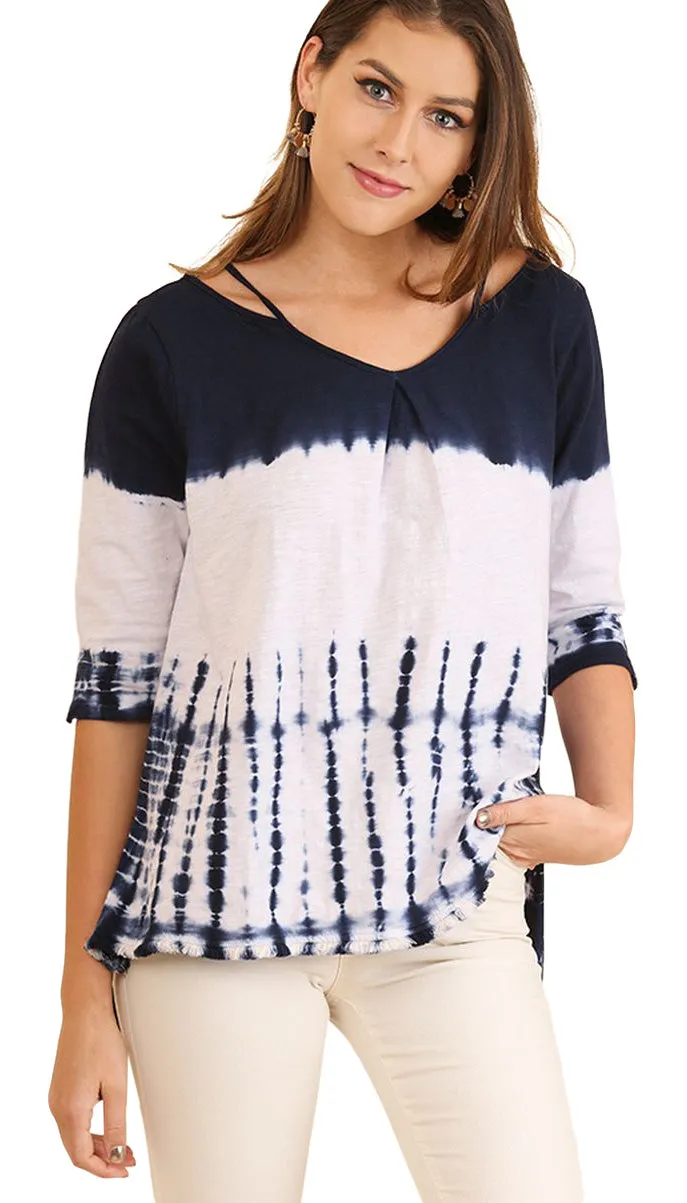 Washed Tie Dye Fringed Tunic, Navy