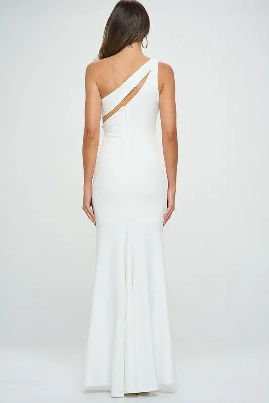 White One Shoulder Front Cut Out Maxi Dress Jewel Detail