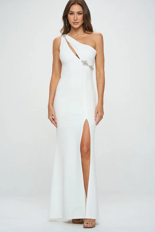 White One Shoulder Front Cut Out Maxi Dress Jewel Detail