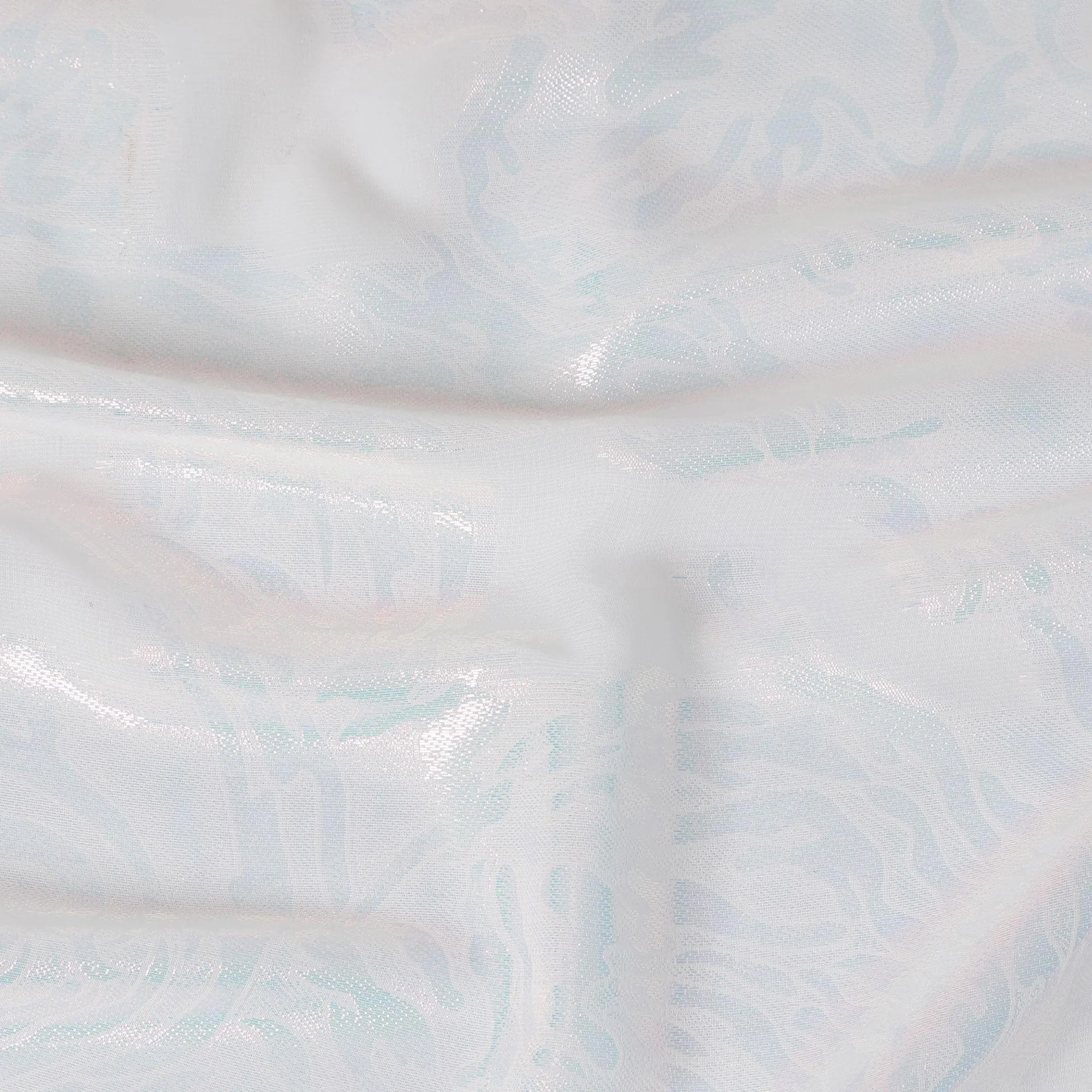 White synthetic chiffon fabric with baby blue metallic lurex in abstract design-D13812