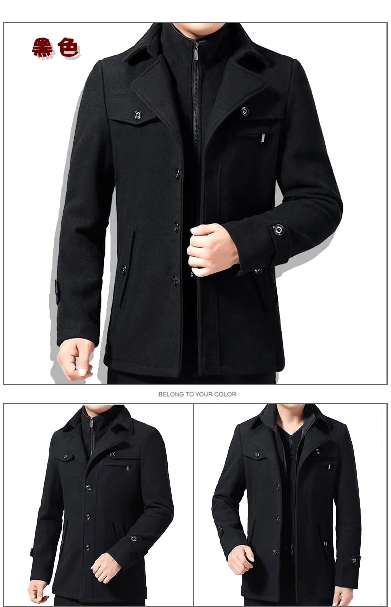 Winter Men's Casual Wool Trench Coat Fashion Business Medium Solid Thicken Slim Windbreaker Overcoat Jacket Male Plus Size 2XL JATJ05