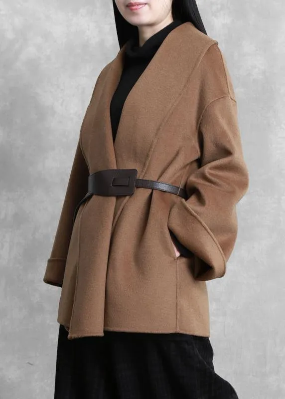 women casual mid-length coats winter woolen outwear brown tie waist trumpet sleeves overcoat