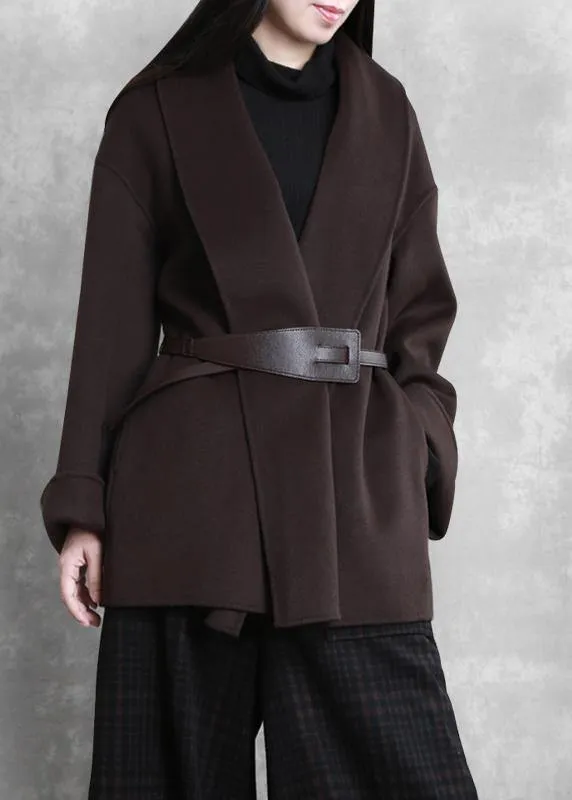 women casual mid-length coats winter woolen outwear brown tie waist trumpet sleeves overcoat