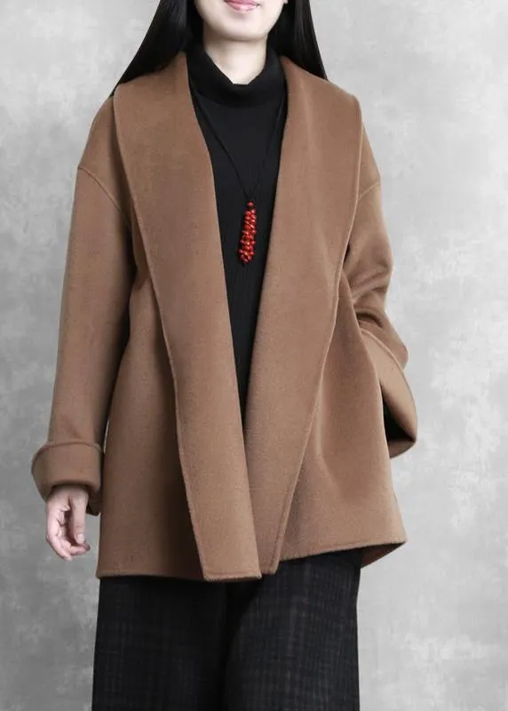 women casual mid-length coats winter woolen outwear brown tie waist trumpet sleeves overcoat