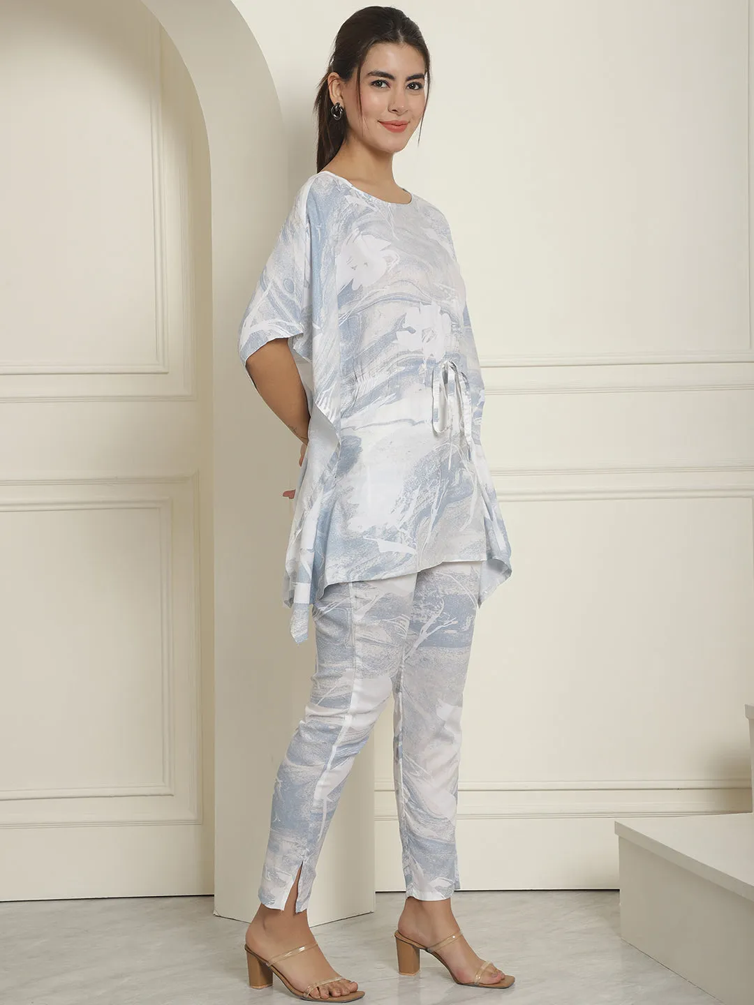 Women Light-Blue Tie Dye Printed Rayon Kaftan Tunic With Trousers