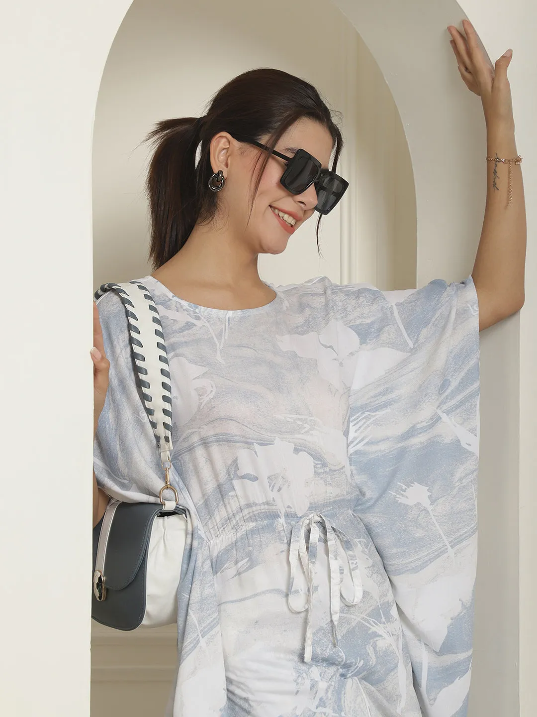 Women Light-Blue Tie Dye Printed Rayon Kaftan Tunic With Trousers