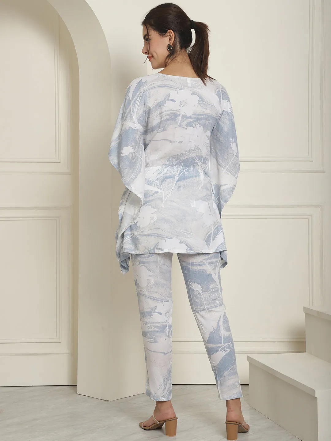 Women Light-Blue Tie Dye Printed Rayon Kaftan Tunic With Trousers