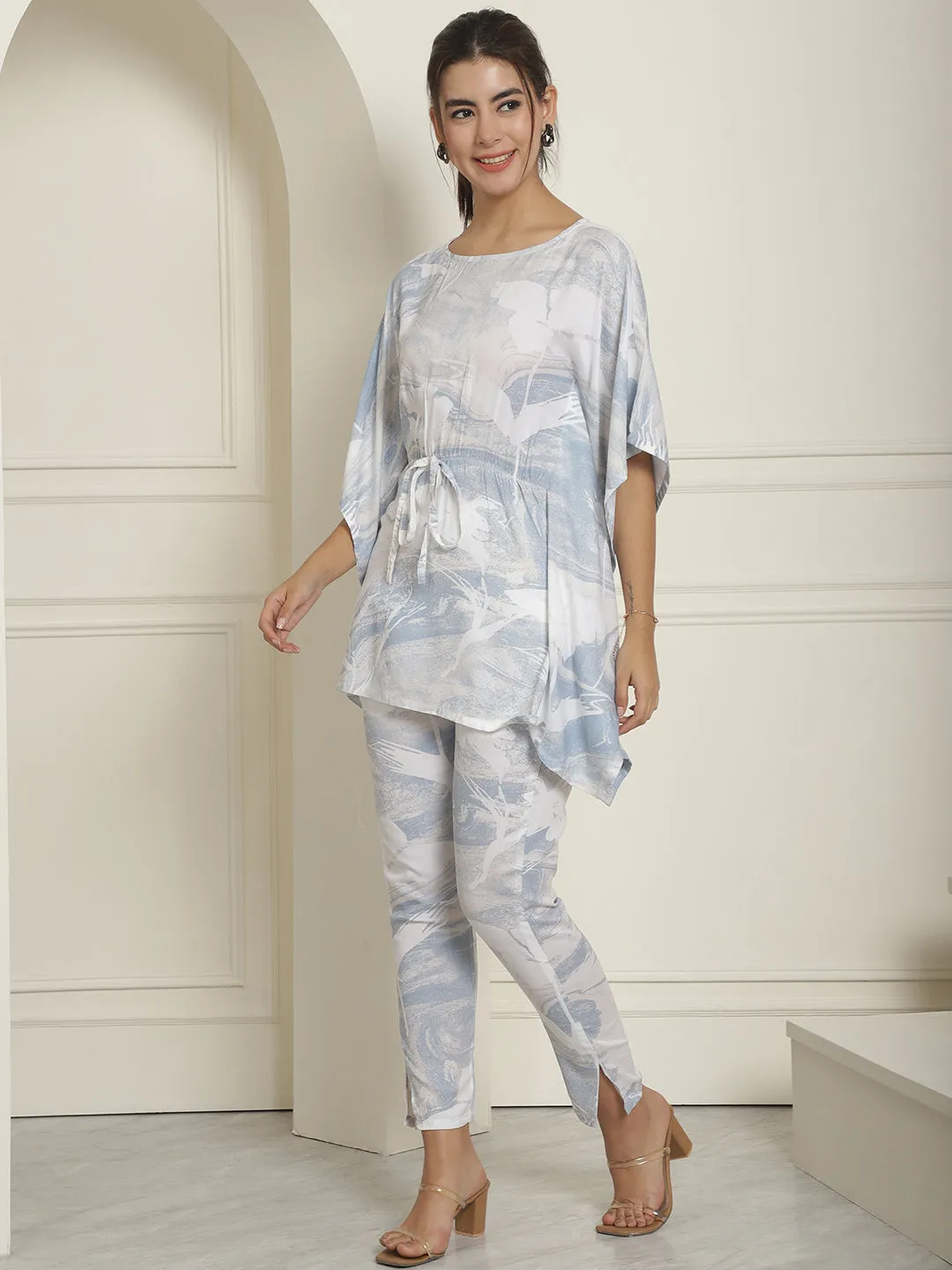 Women Light-Blue Tie Dye Printed Rayon Kaftan Tunic With Trousers