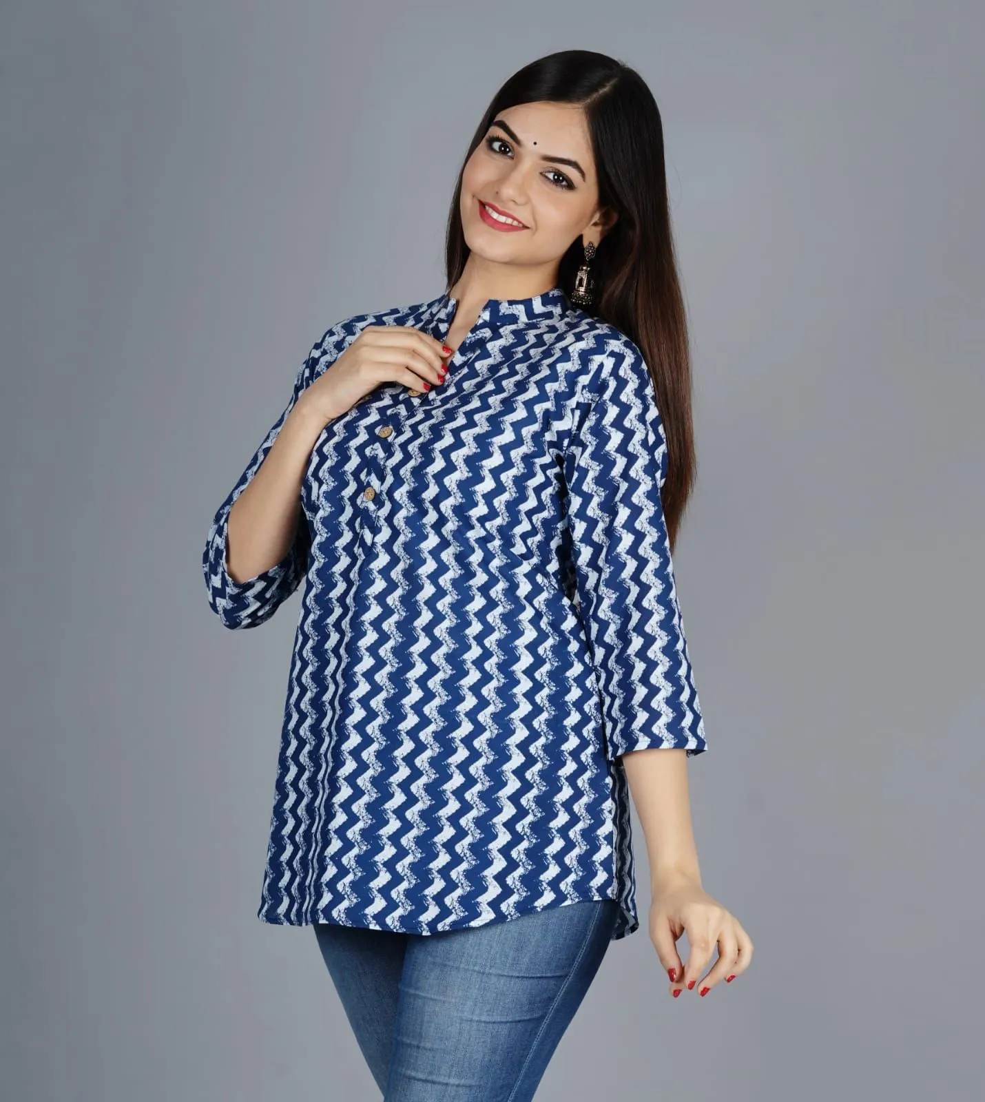 Women Navy Blue Cotton Printed Tunic