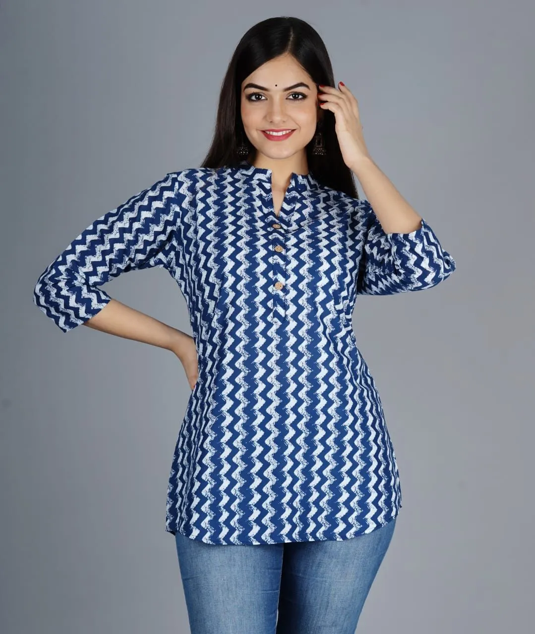 Women Navy Blue Cotton Printed Tunic