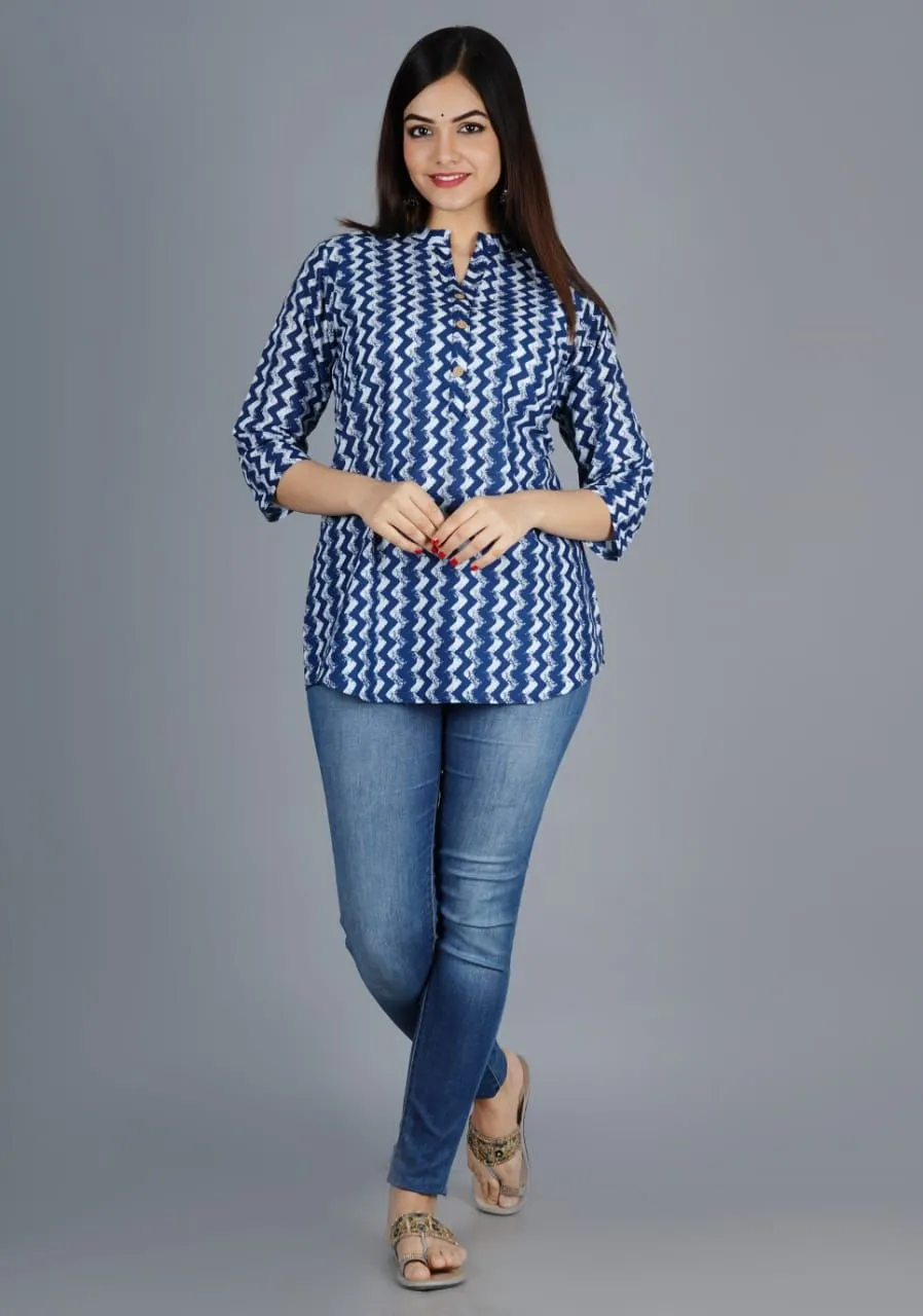 Women Navy Blue Cotton Printed Tunic