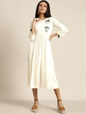 Women Off White Face Motif Embroidered Liva Dress