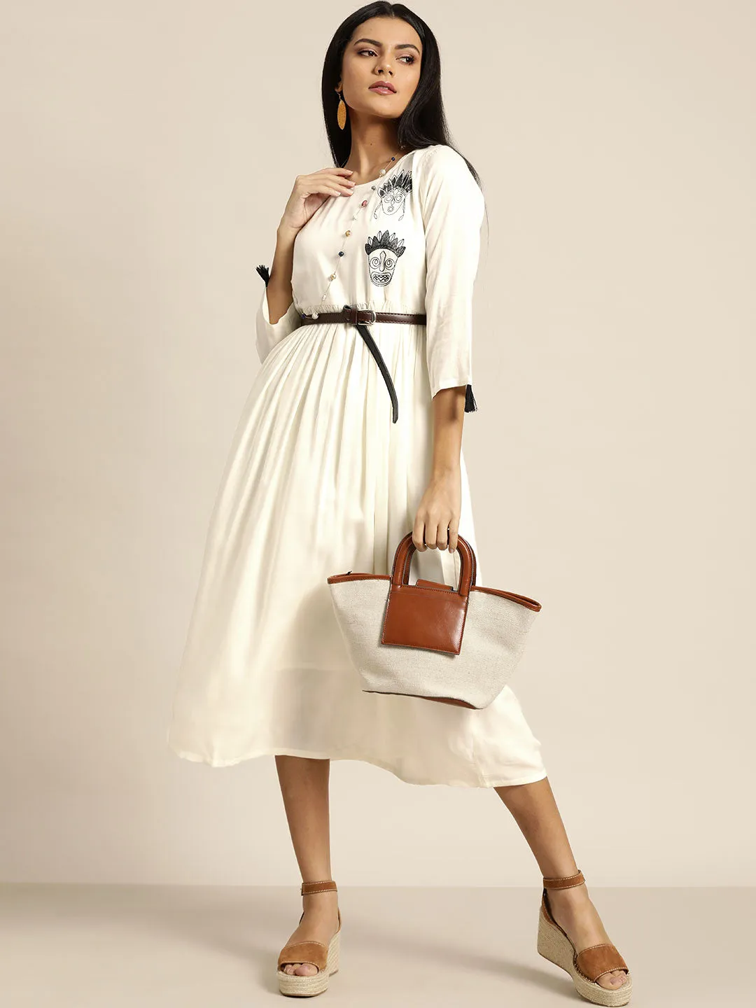 Women Off White Face Motif Embroidered Liva Dress