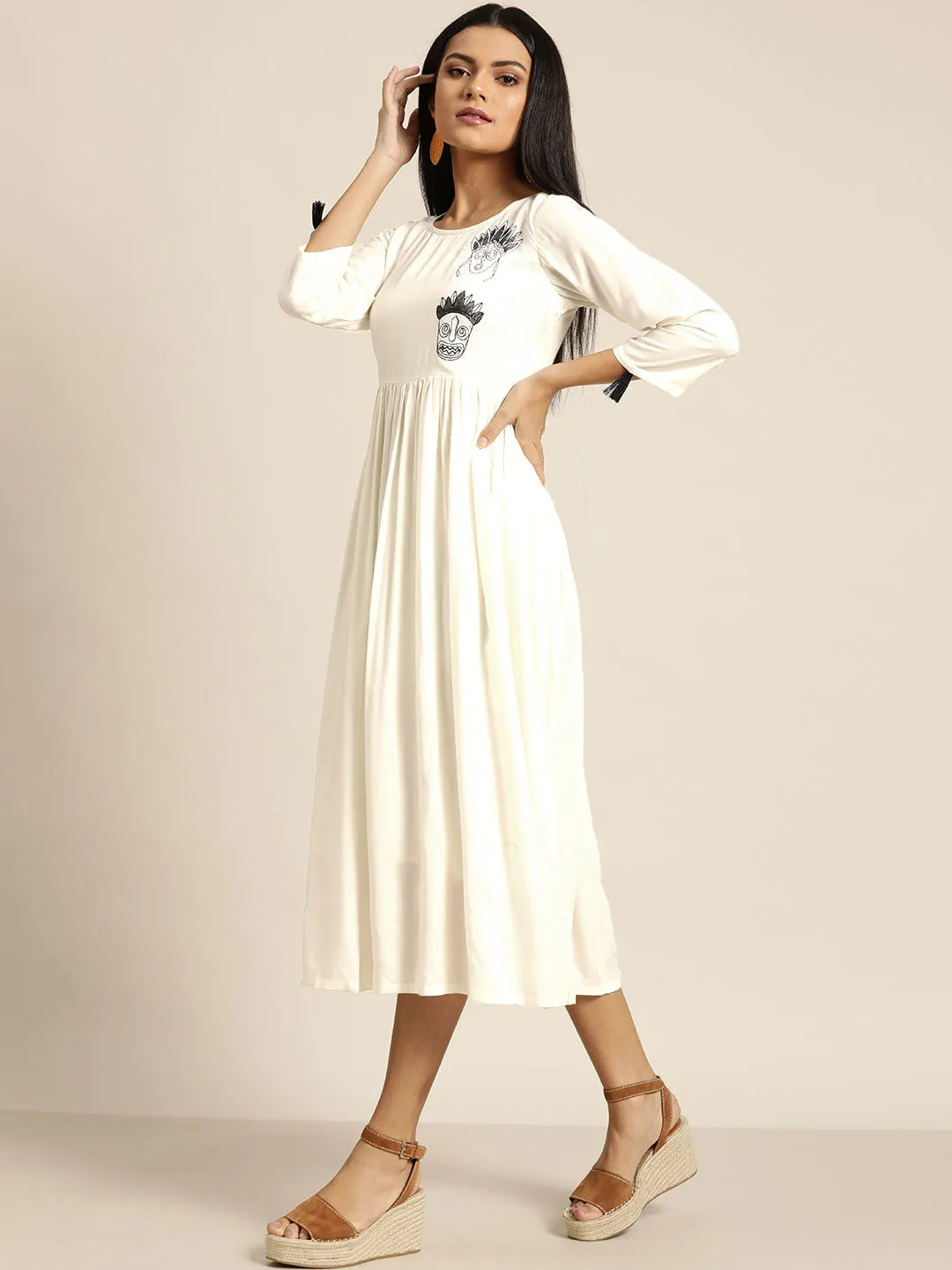 Women Off White Face Motif Embroidered Liva Dress