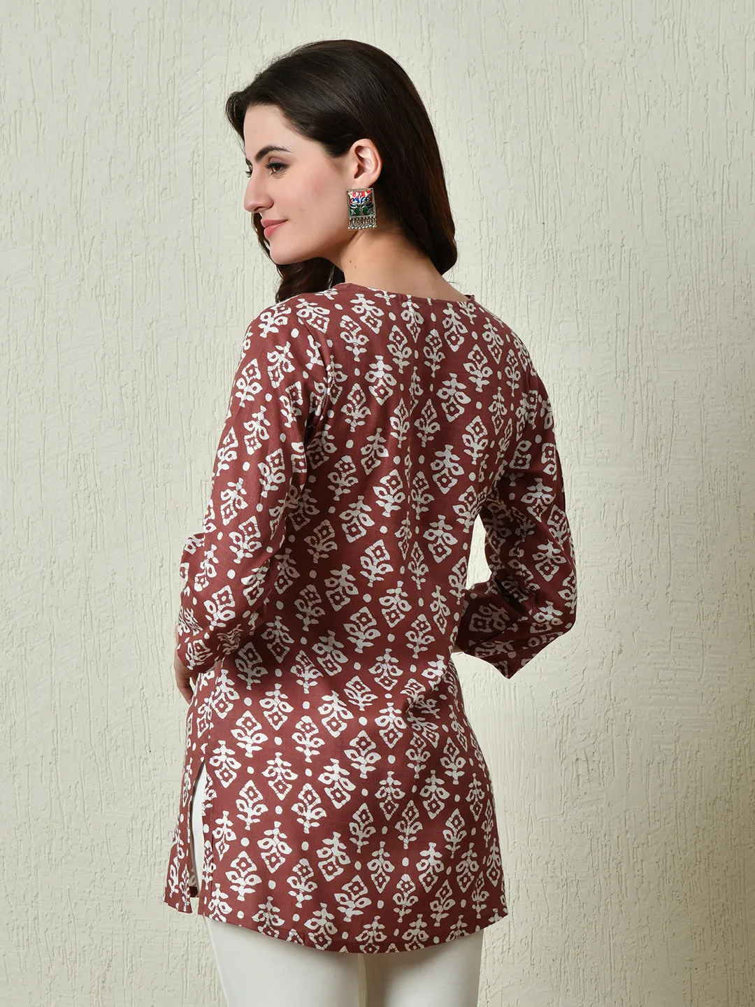 Women Stylish Maroon Cotton Short Kurti With Elegant Print