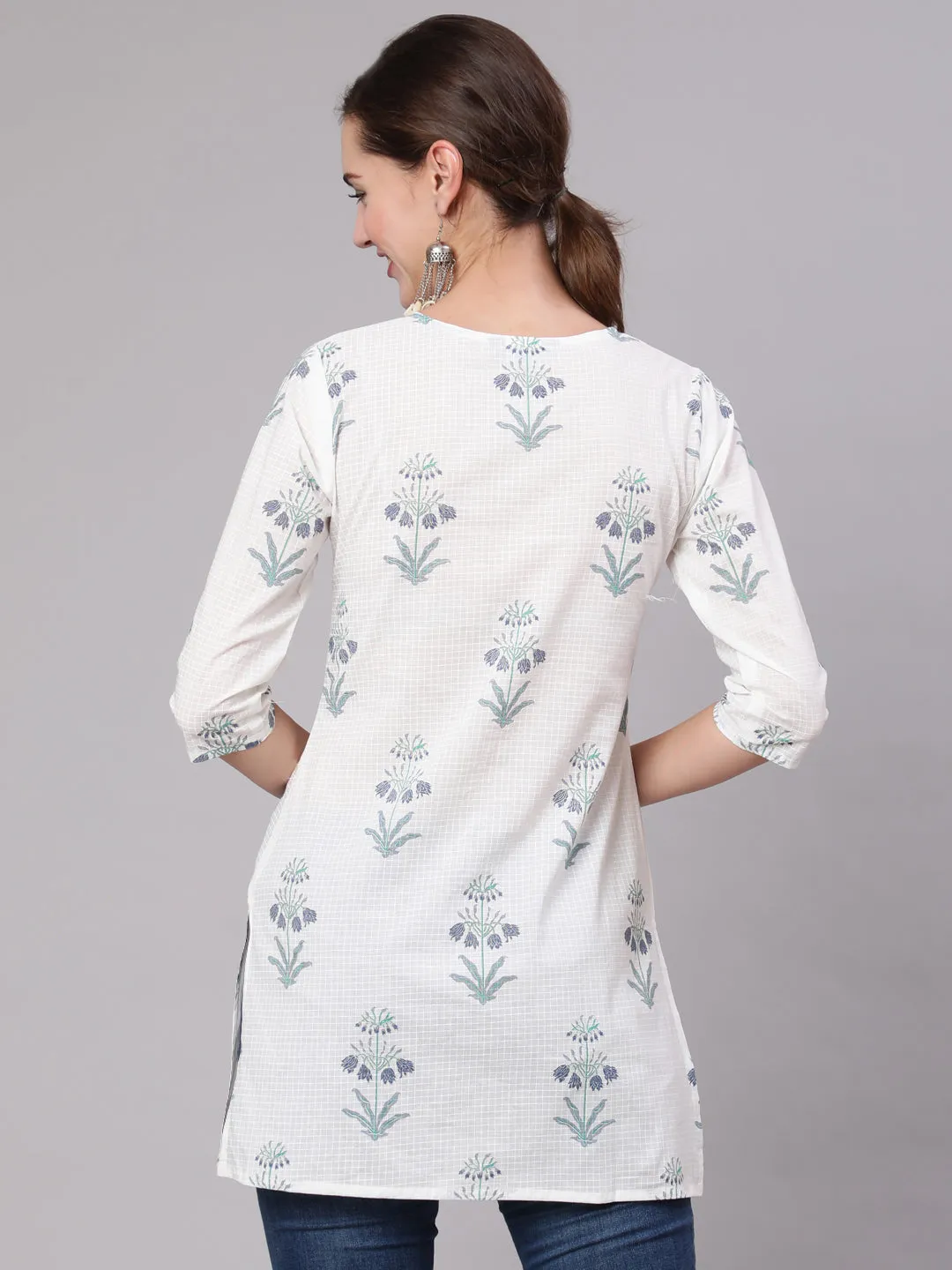 Women White Printed Straight Tunic With Three Quarter Sleeves