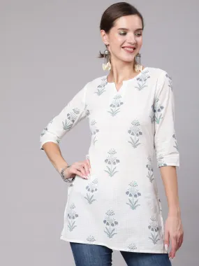 Women White Printed Straight Tunic With Three Quarter Sleeves