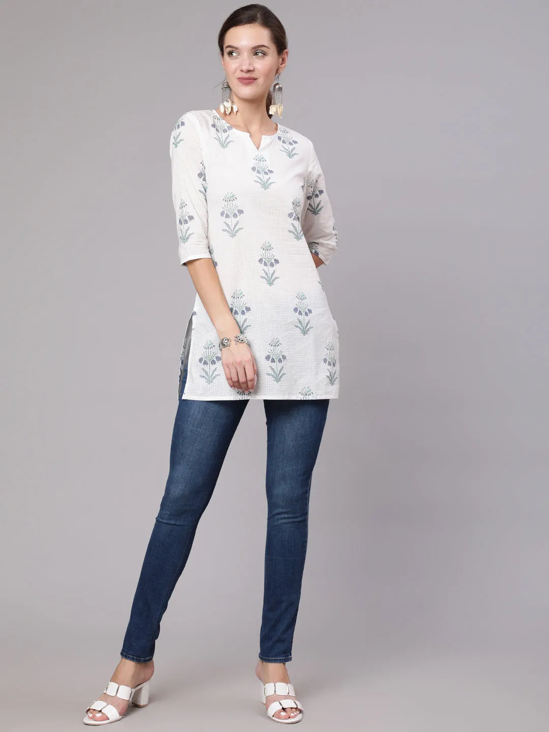 Women White Printed Straight Tunic With Three Quarter Sleeves