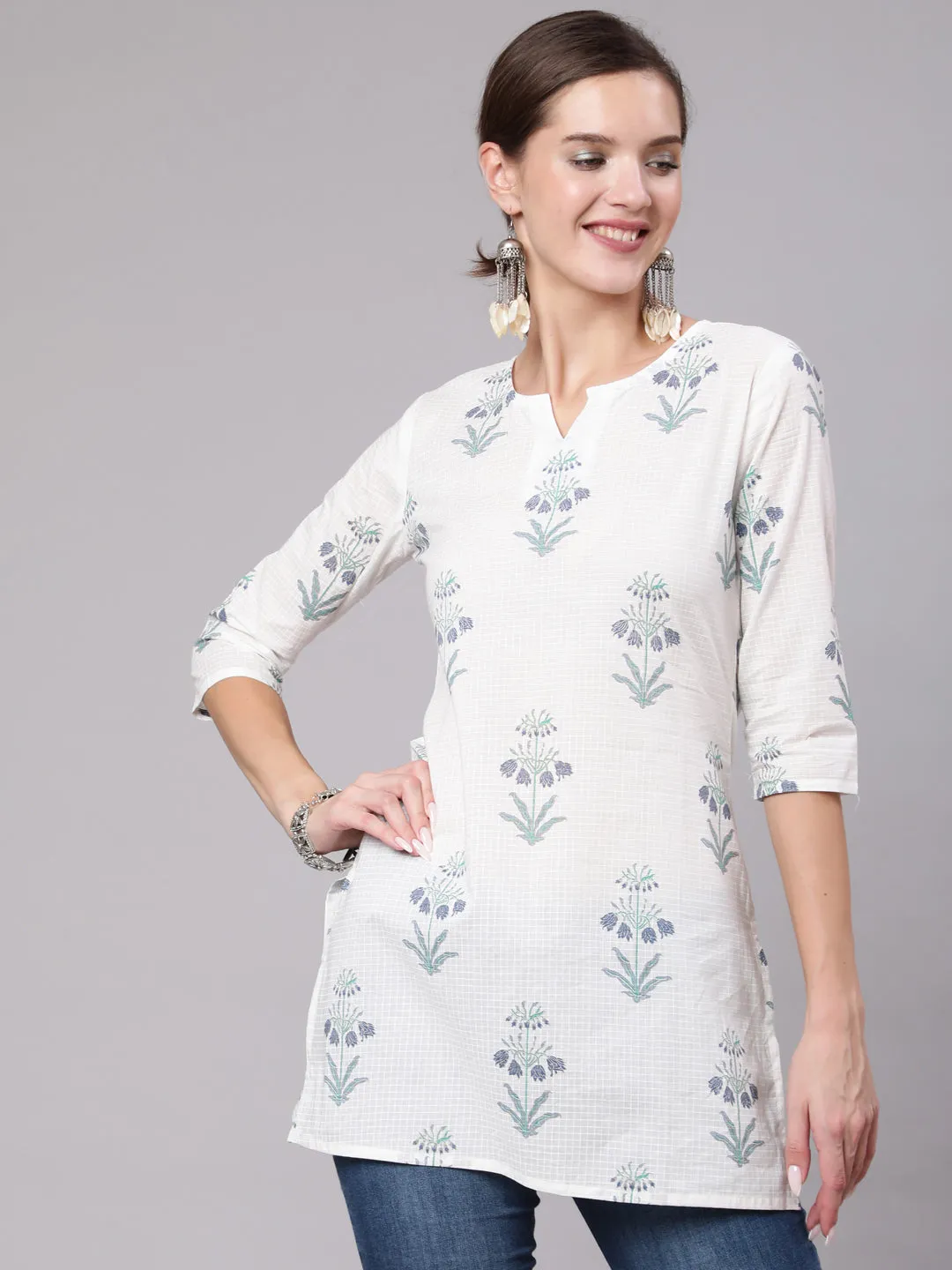 Women White Printed Straight Tunic With Three Quarter Sleeves